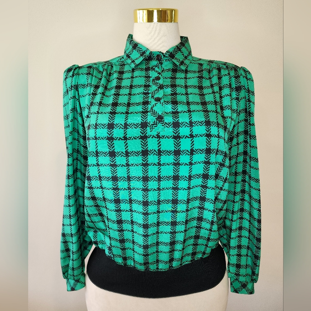 Vintage Lady Carol Petites of New York Green and Black Blouse